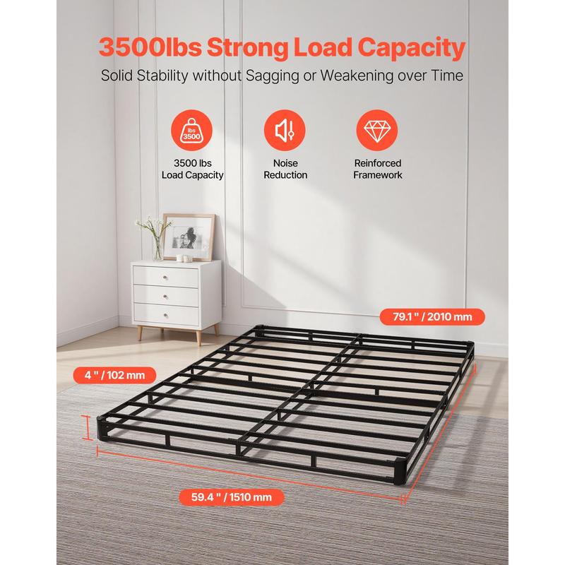 VEVOR Box Spring,  Queen Size Bed Frame with Washable Fabric Cloth, Heavy Duty Metal Frame for Queen Bed, 4 in Mattress Foundation, 3500 lbs Max Weight Capacity, Easy Assembly, 79.1 L x 59.4 W x 4 H in