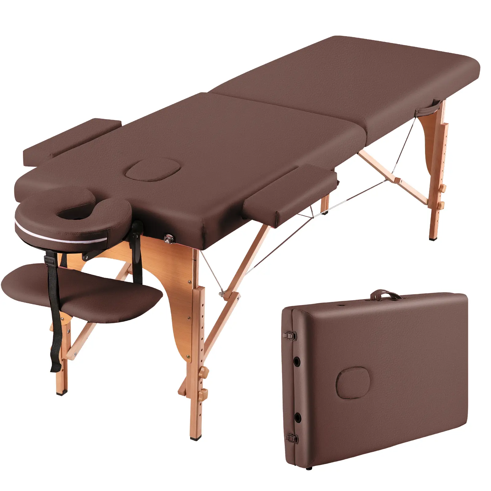 Portable Wide Massage Table, 84in 2-Fold Reclining Salon Chair, 9-Height Adjustable Spa Bed with Carry Case, Face Cradle, Brown (Camping & Hiking Furniture)
