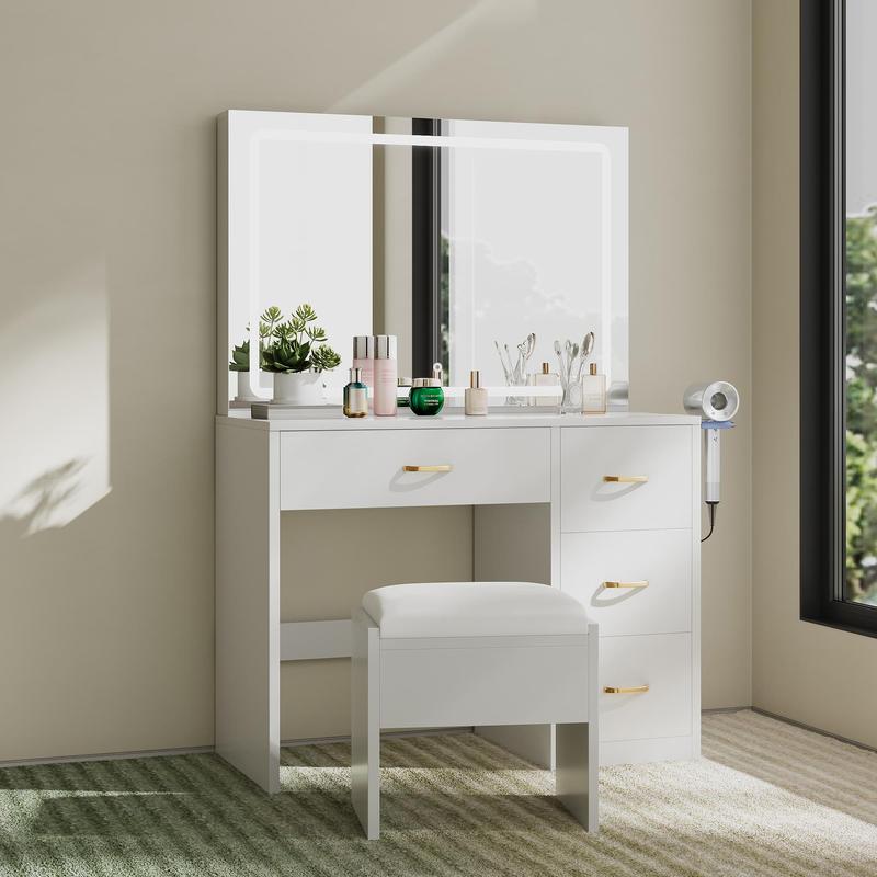 YITAHOME Makeup Vanity Desk with Large Lighted Mirror with Power Outlet and LED/Bulb Strip, 3 Color Lighting Modes with Adjustable Brightness, 4 Drawer Vanity Table with Cushioned Stool for Bedroom