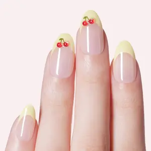 Women's DASHING DIVA Cherry On Top Instant Press-On Nails, Medium Almond Shape - Semi-Sheer Nude, Yellow French Tips, 3D Gel Cherry Accents