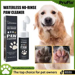 PruFlo Waterless No-Rinse Paw Cleaner for Dogs and Cats - Dry Shampoo Foam with Silicone Brush for Effective Paw and Foot Care Natural Tear Stain Remover Pet Bath Brush with Shampoo Dispenser