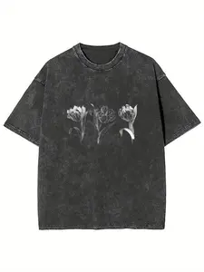 Men's T-shirt with floral line drawing slogan, simple and casual style pattern printed black short sleeved T-shirt, retro washed pure cotton casual round neck regular version T-shirt fabric, soft and skin frien