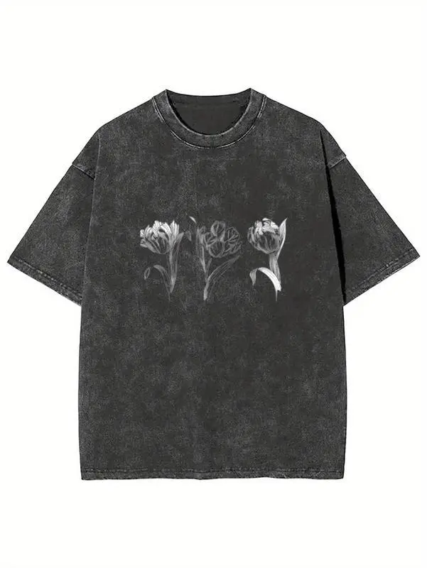 Men's T-shirt with floral line drawing slogan, simple and casual style pattern printed black short sleeved T-shirt, retro washed pure cotton casual round neck regular version T-shirt fabric, soft and skin frien