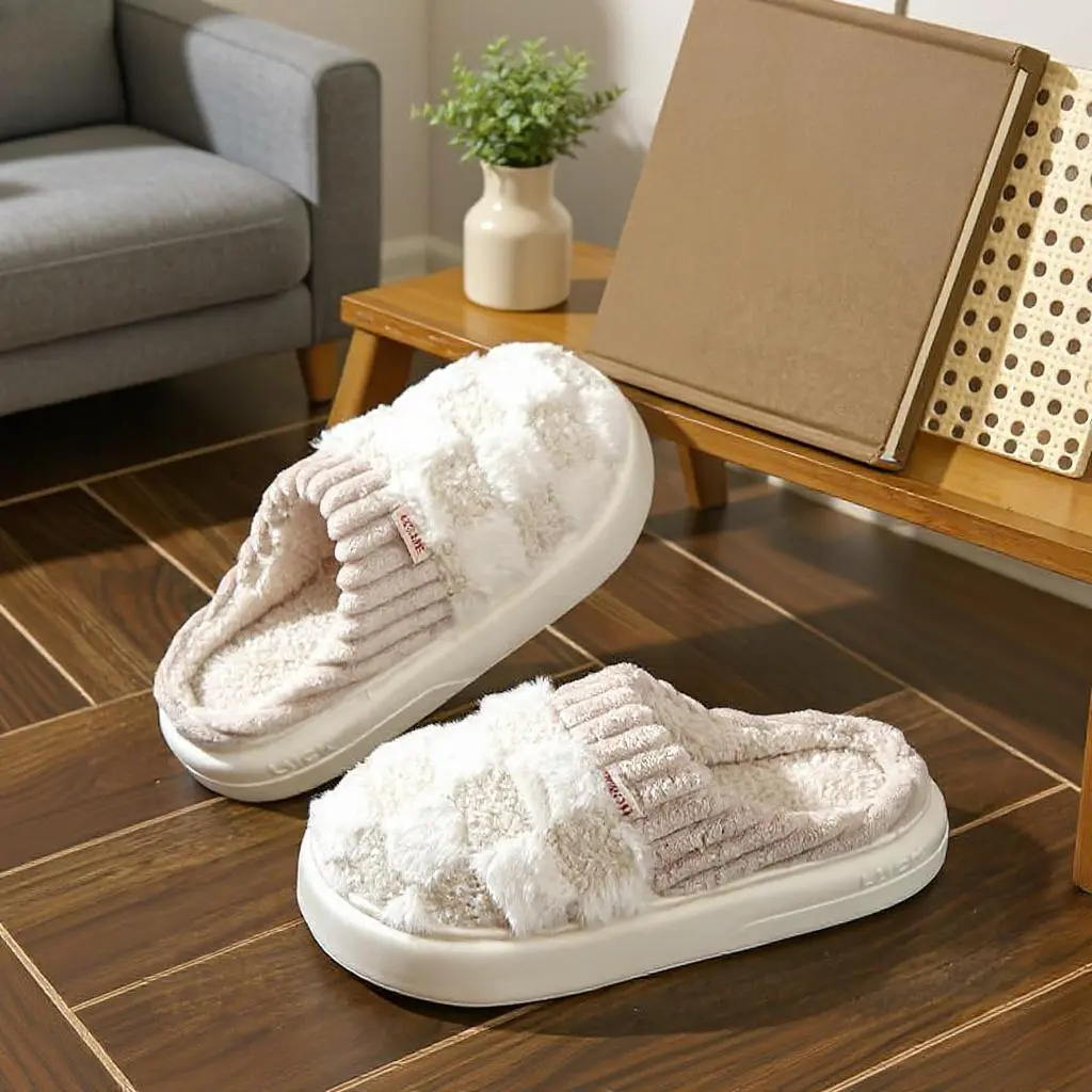 Women's Cotton Slide House Slippers - Anti-Slip, Soft Cashmere Warmth, Cute Fluffy Mop Footwear for Indoor Home Use