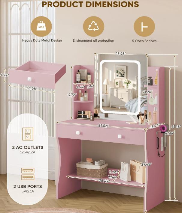 WeCharmer Vanity Desk Set with Round Mirror, Vanity with Lights, Makeup Vanity with Mirror, 3 Lighting Modes, for Bedroom Furniture Table Storage Drawer Modern Design Organizing WeCharmer Vanity Desk Set with Round Mirror, Vanity with Lights, Makeup Vanity with Mirror, 3 Lighting Modes, for Bedroom Furniture Table Storage Drawer Modern Design Organizing