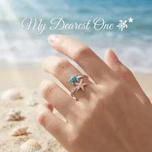 Fidget Spinner Anxiety Ring – Rotating Starfish & Turtle Adjustable Open Stainless Steel Ring – Stress Relief Gift for Her (Girlfriend/Wife/Best Friend) + Message Card