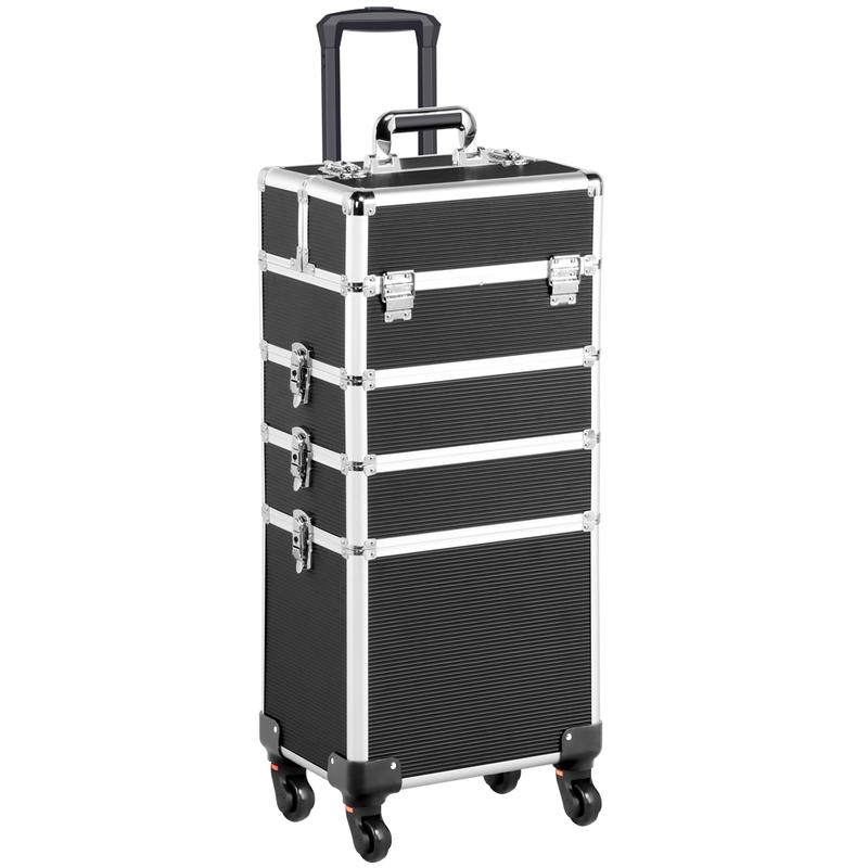 Professional 4-in-1 Rolling Makeup Train Case with Removable Wheels, Large Aluminum Cosmetic Trolley Organizer for Travel and Storage
