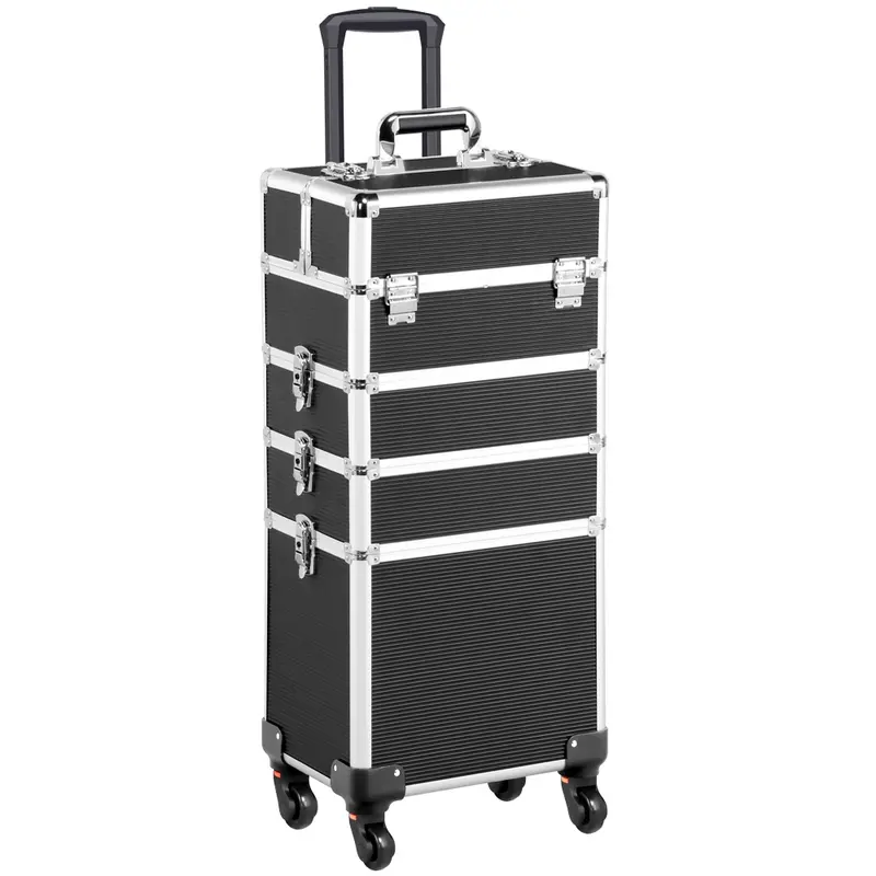 Professional 4-in-1 Rolling Makeup Train Case with Removable Wheels, Large Aluminum Cosmetic Trolley Organizer for Travel and Storage