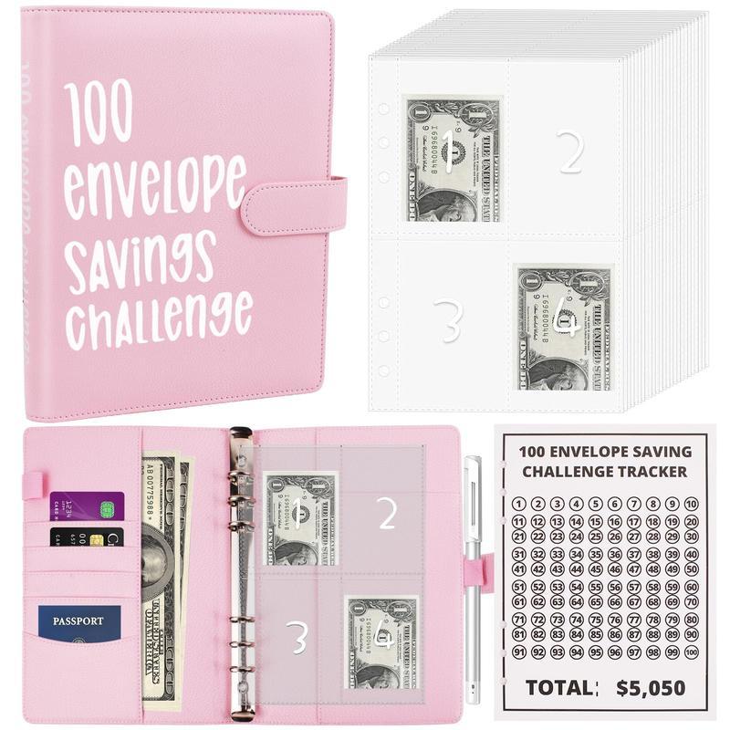 100 Envelopes Money Saving Challenge - A5 Money Saver Budget Binder Book with Cash Envelopes and Numbers, 100-Days of Easy and Funny Ways to Save $5,050 Cash Envelope Challenge Binder, Pink，Black