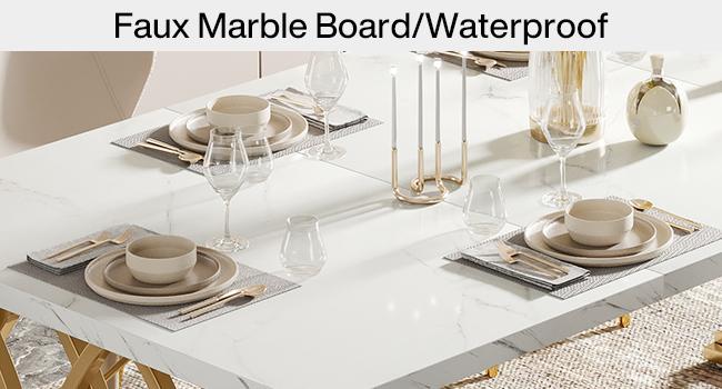 Tribesigns Modern Dining Table for 4-6 People, 63" Large Rectangular Kitchen Table with Faux Marble Tabletop and Gold Geometric Legs living room