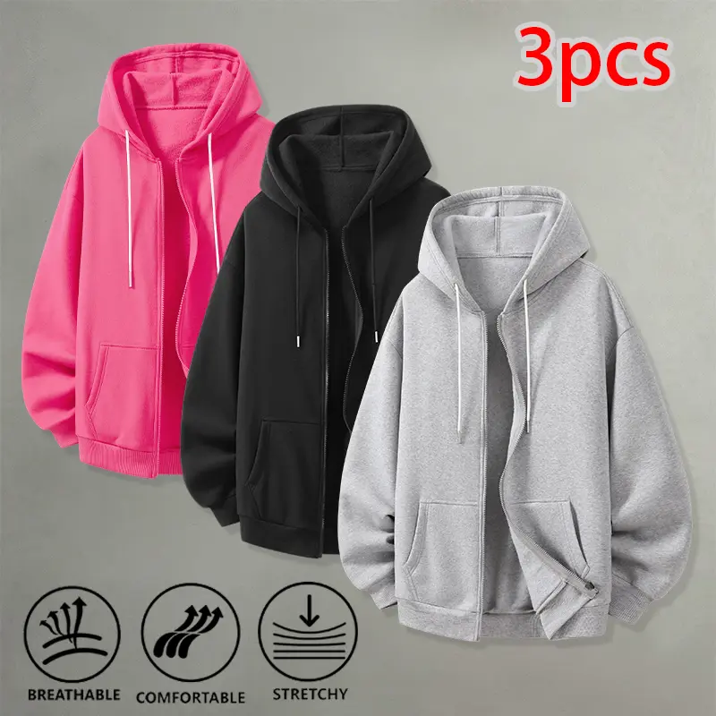 Men's 3 PCS Basic Unisex Solid Color Oversized Zip-Up Hooded Sweatshirts, Long-Sleeves, Soft Brushed Fleece, Loose Fit, Drawstring, Kangaroo Pockets, for Daily Loungewear & Outdoor Walking, Longsleeves