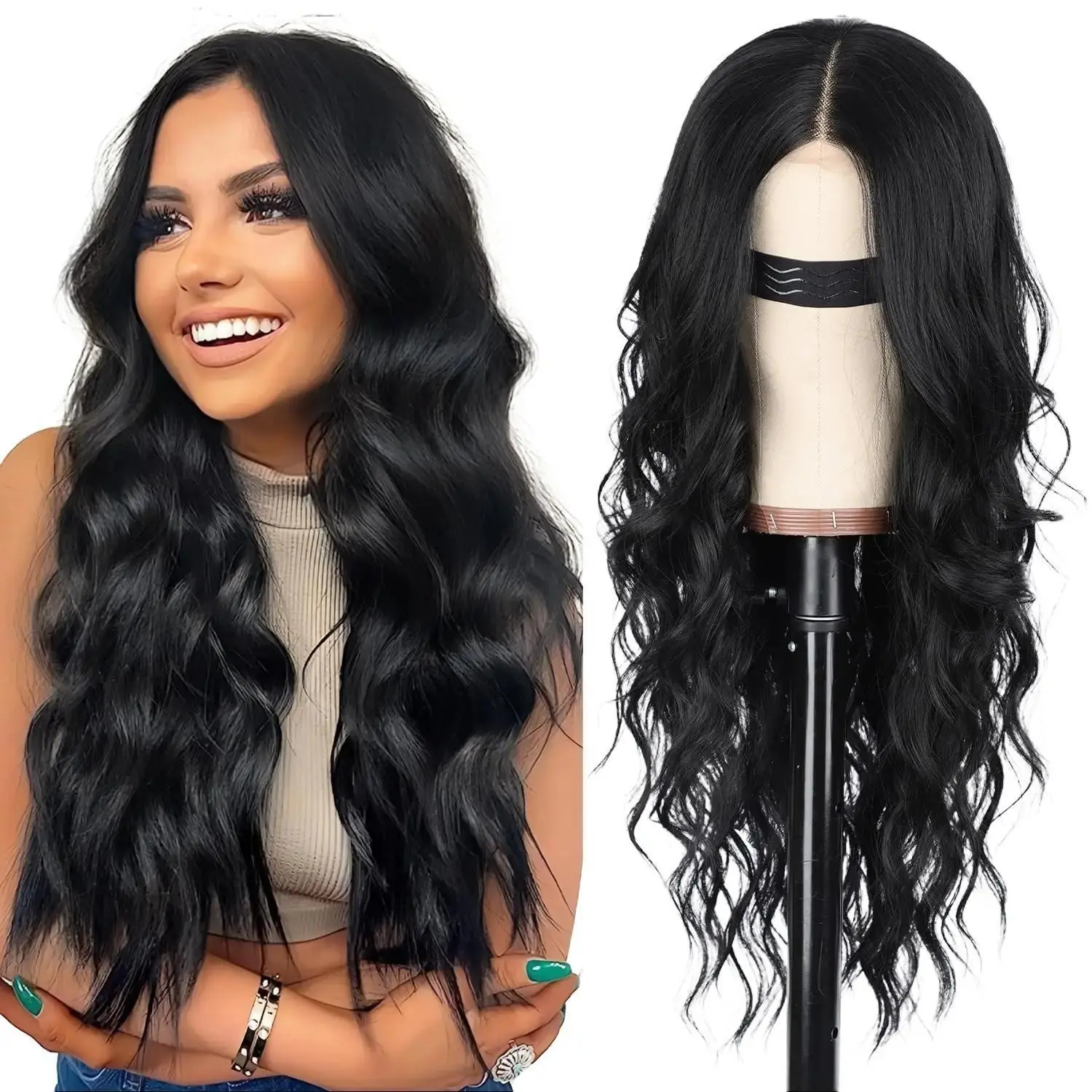AISI HAIR Long Wavy Lace Hairline Wig for Women 26 Inch Middle Part Synthetic Heat Resistant Wig for Daily Party Glueless Wig Lace Front Wig,summerhairstyles Adjustable Wig