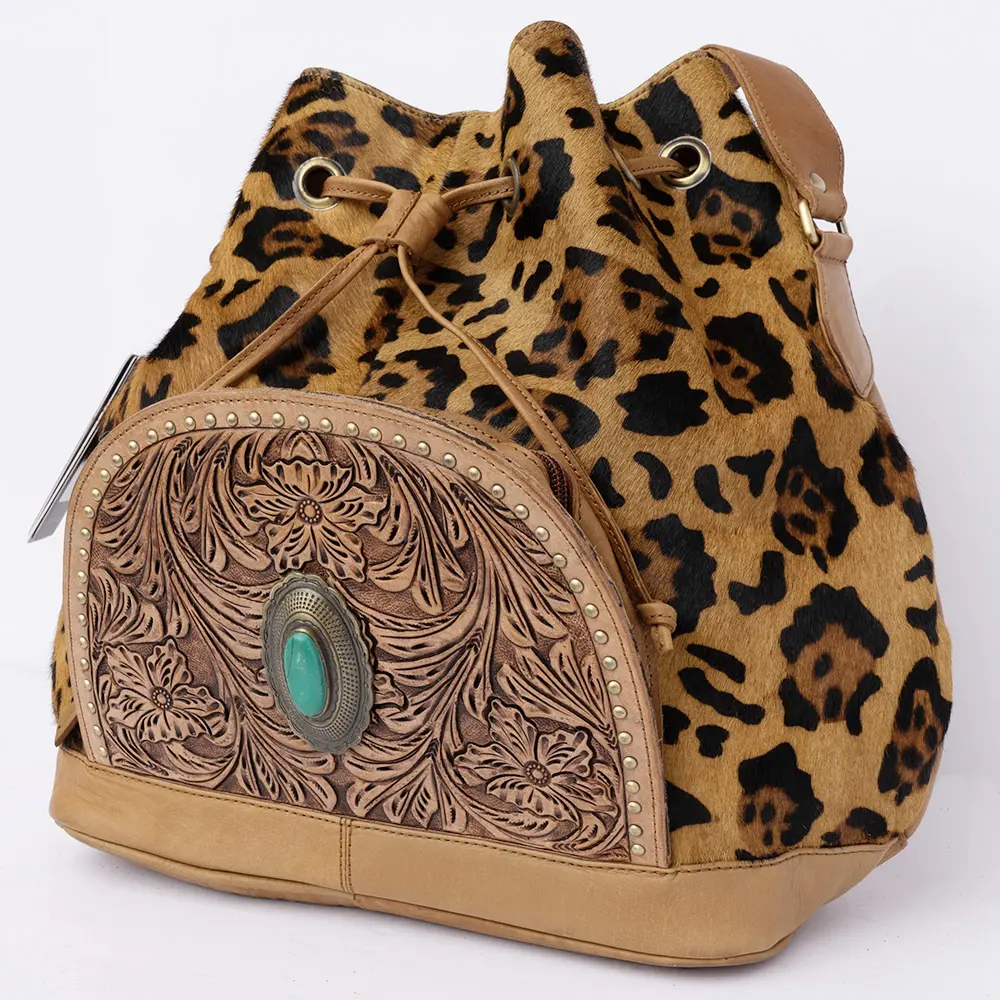 American Darling Bucket Bag, Hand-Tooled Floral Western Leather Purse, Hair-On Cowhide, Turquoise, 13in (H) X 5in (W) X 13in (D)