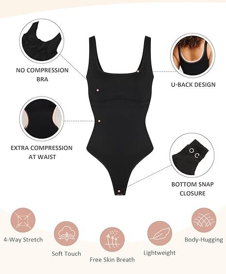 FeelinGirl Bodysuits for Women Tummy Control Shapewear Seamless Scoop Neck Thong Bodysuit Shaper Tank Top Jumpsuit Fabric Womenswear