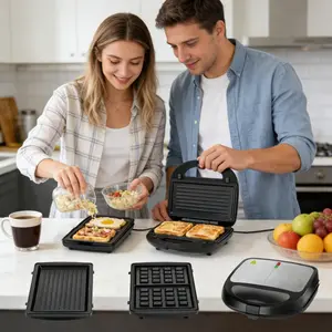 Three in one mini waffle maker, sandwich maker, easy to clean desktop breakfast cooking kitchen utensil with American plug