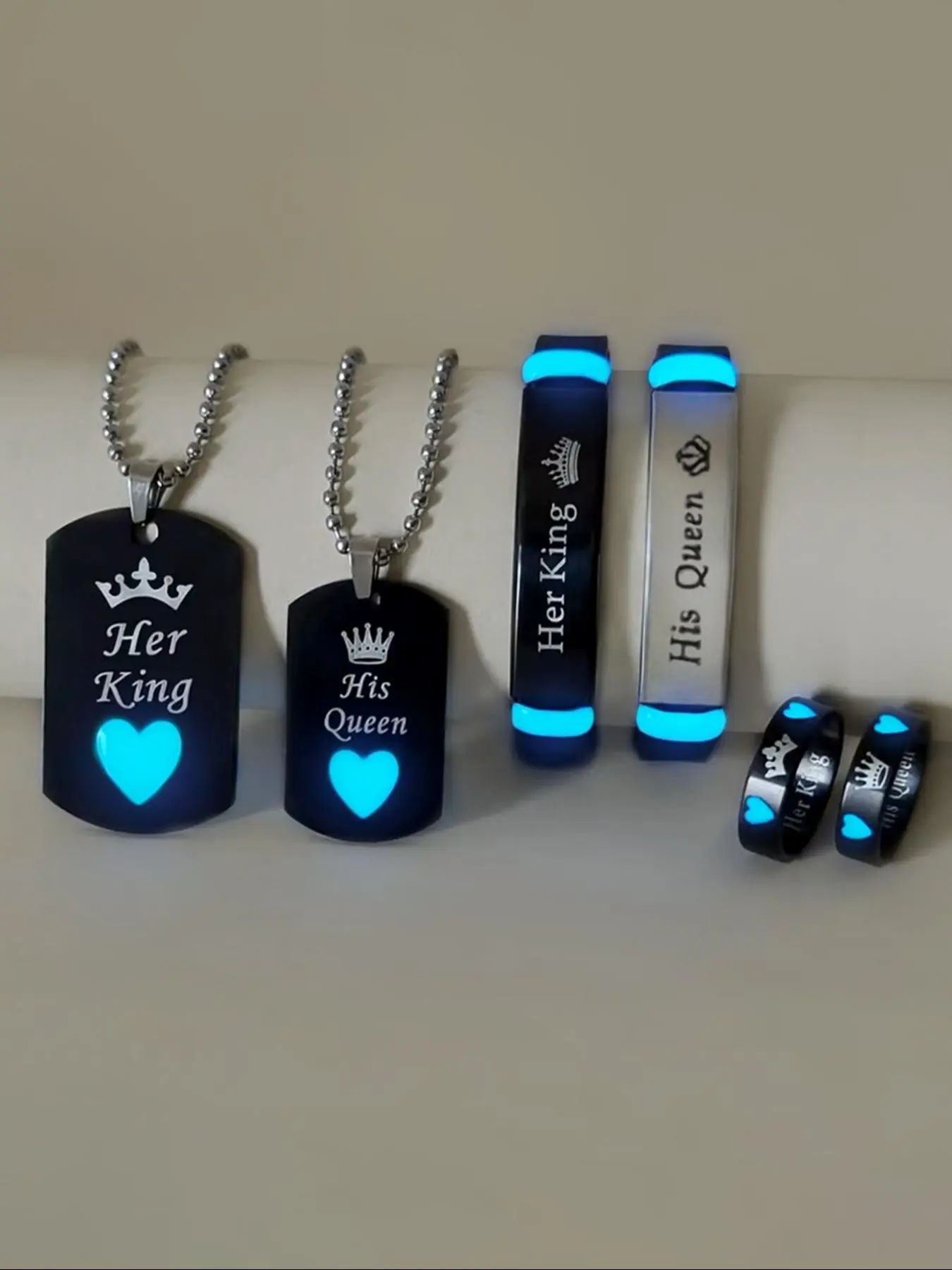 Couple Necklace & Bracelet & Ring Set, Crown & Heart Design Luminous Jewelry Set, Fashion Jewelry for Party, Daily Clothing Decor, for Birthday Gift, Couples Jewelry Set