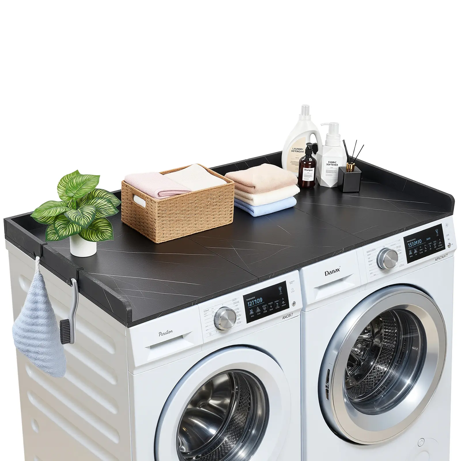 【summerfinds】VEVOR Washer Dryer Countertop, 54 x 27.5 in Marble Washer and Dryer Topper with Edge & 2 Hooks, Water-Resistant Laundry Machine Topper for Laundry Closet Pantry Counter Organization and Storage, Black, Home Appliance, Laundry Room