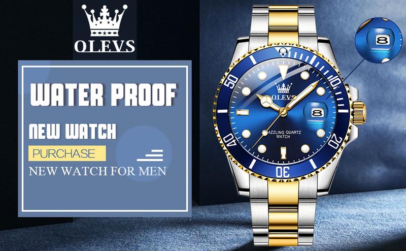 OLEVS Men's Luxury Dress Watch Blue Dial 40mm Stainless Steel Band Rotating Quartz Analog Waterproof Luminous Big Face Boss Wrist Watch Springtok