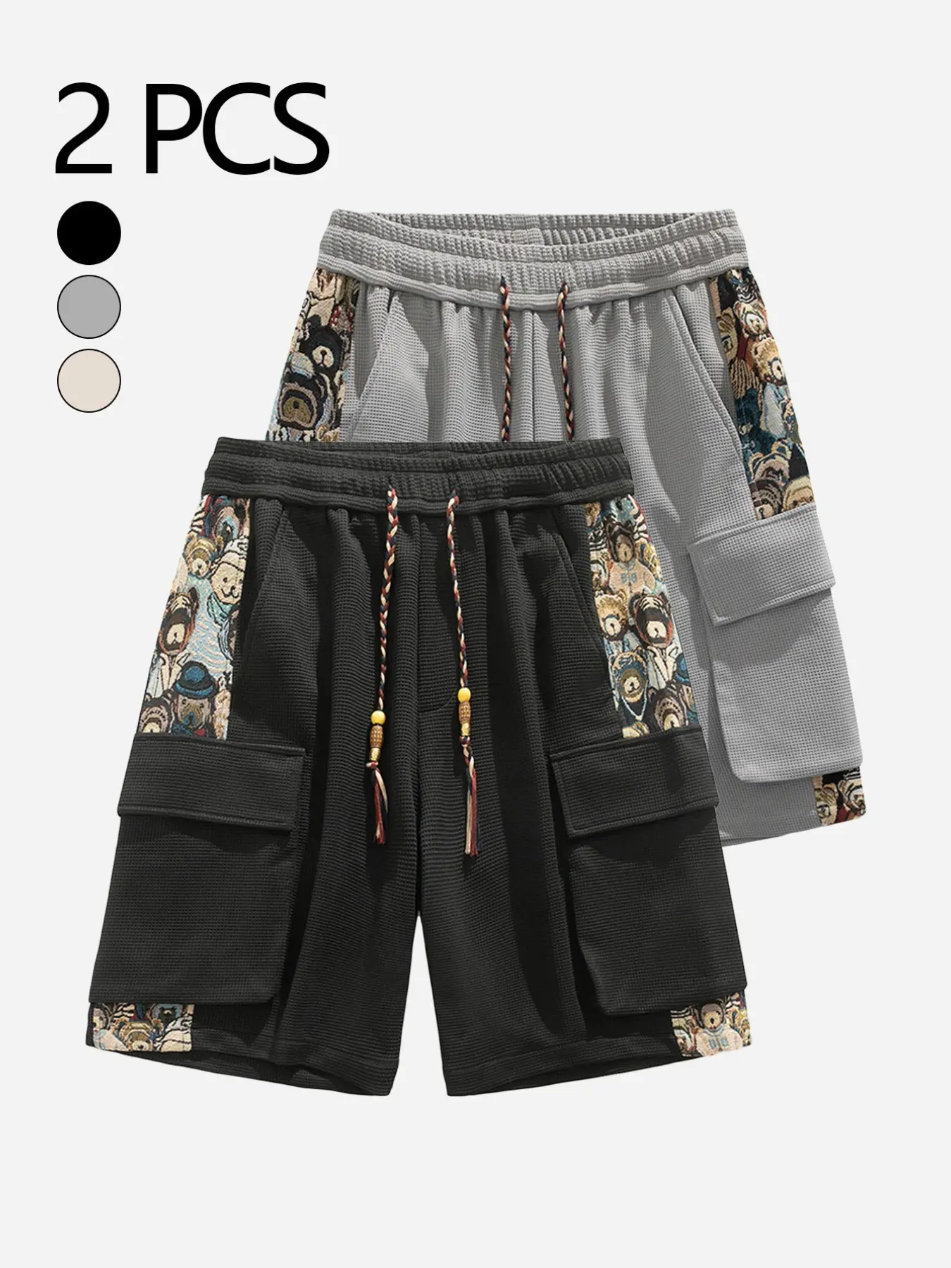 Men's Summer Cartoon Bear Embroidered cargo shorts, Cartoon Graphic Shorts, Casual Sporty Shorts, Funny Sports Shorts, Lightweight Summer Shorts, Loose-Fitting Breathable Waffle Vintage Style, Two-Piece Set, Shorts Pack, Fashionable and Comfortable
