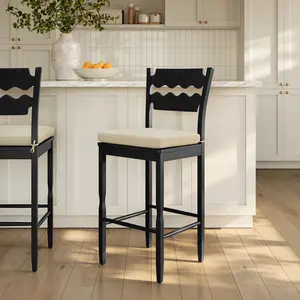 Jax Oak Wood Bar Stool With Wavy Razor Back and Cushion in Black Linen