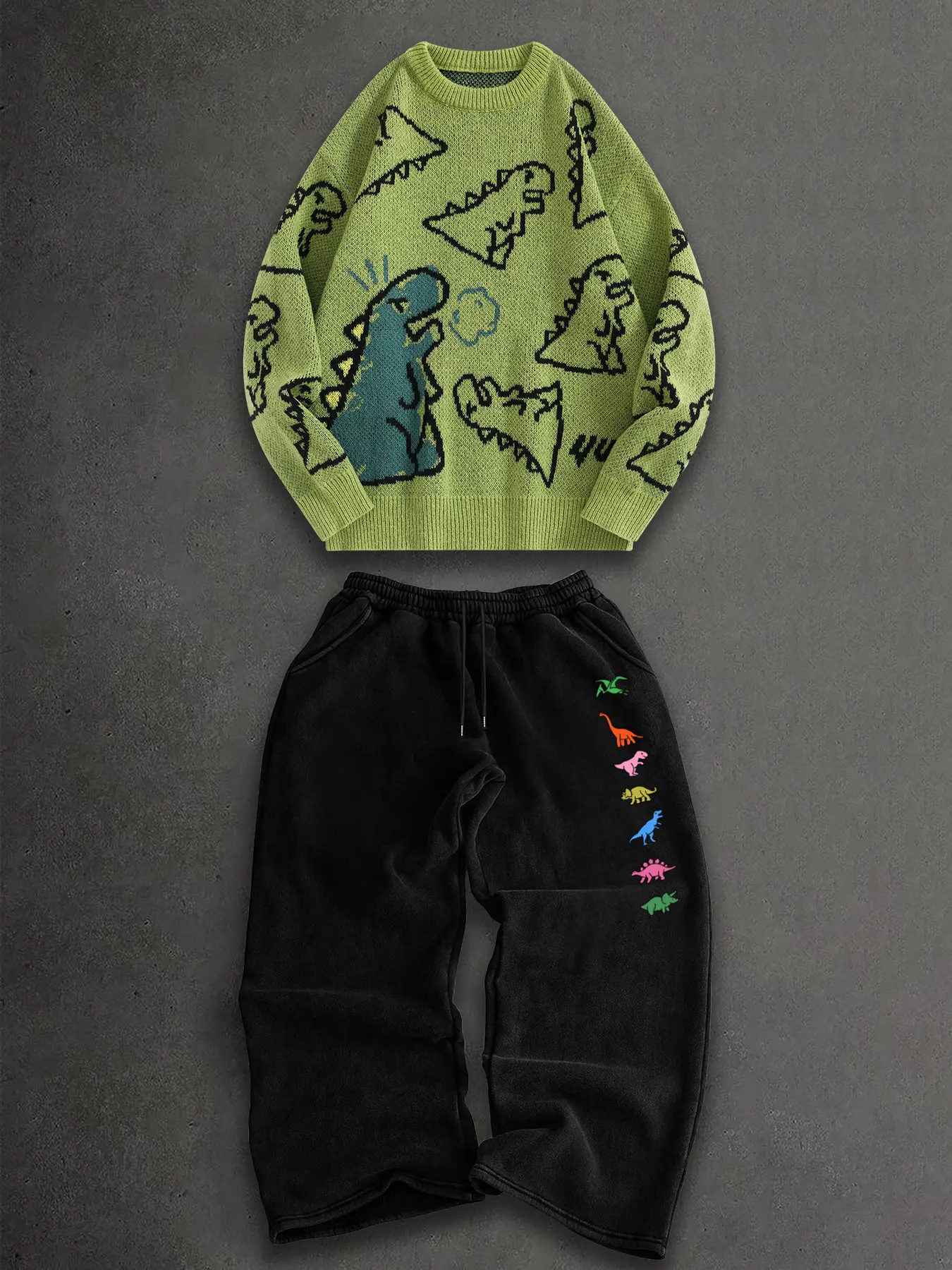 Fashion Casual Cute Dinosaur Sweater Top and Graphic Print Sweatpants Set, Unisex Long Sleeve Fitted Tee, Spring & Fall
