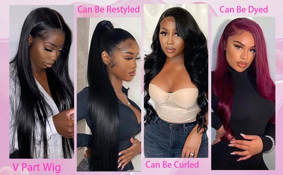 Mamushow Highlight V Part Wigs Human Hair Straight Ombre Brown Upgrade U Part Wigs 180% Density Glueless Full Head Clip In Half Wigs #FB30