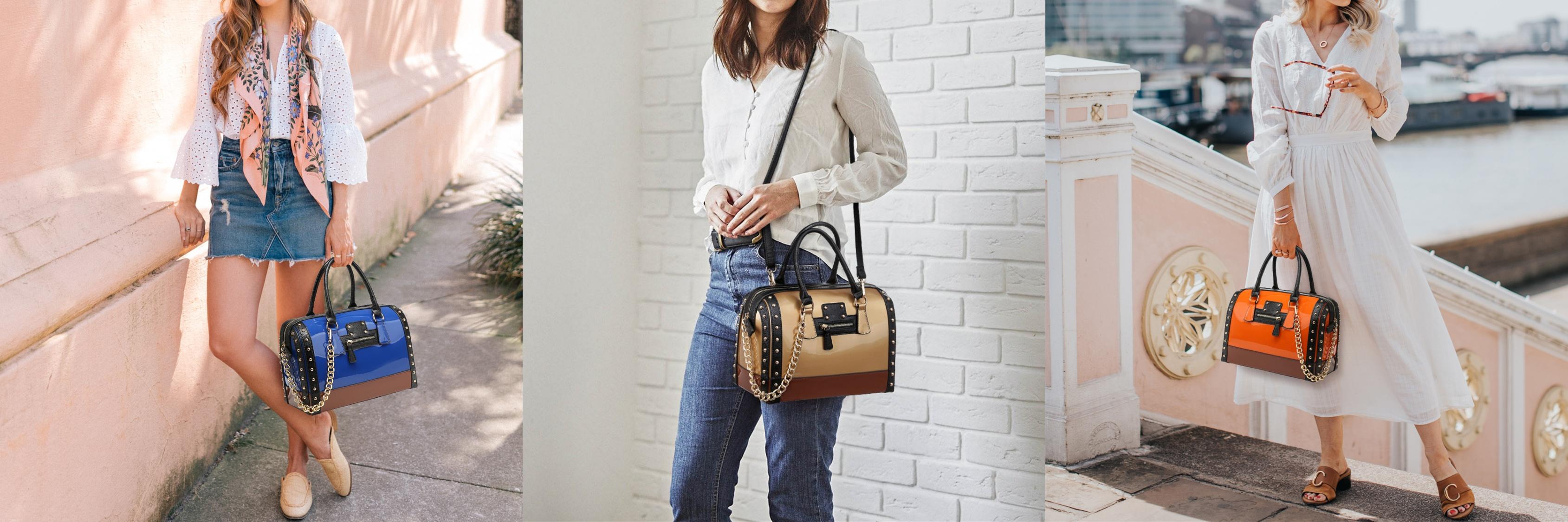 Barrel bags for Women Shiny Patent Faux Leather Handbags simply tote Top Handle purse Rivet Decoration Satchel bags Shoulder bag