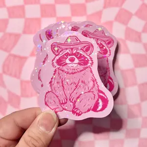 Raccoon Cowboy Sticker – Pink Raccoon Dollcore Aesthetic Holographic Sticker for Water Bottle, Laptop, Tumbler