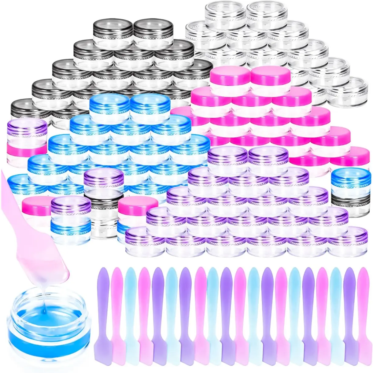 100 Pcs 5g Empty Plastic Containers with Colored Lids,Mini Makeup Sample Containers, Small Sample Pot Jars Round Cosmetic Jars with Mini Spatulas for Liquid Sample Powder Creams Lotions