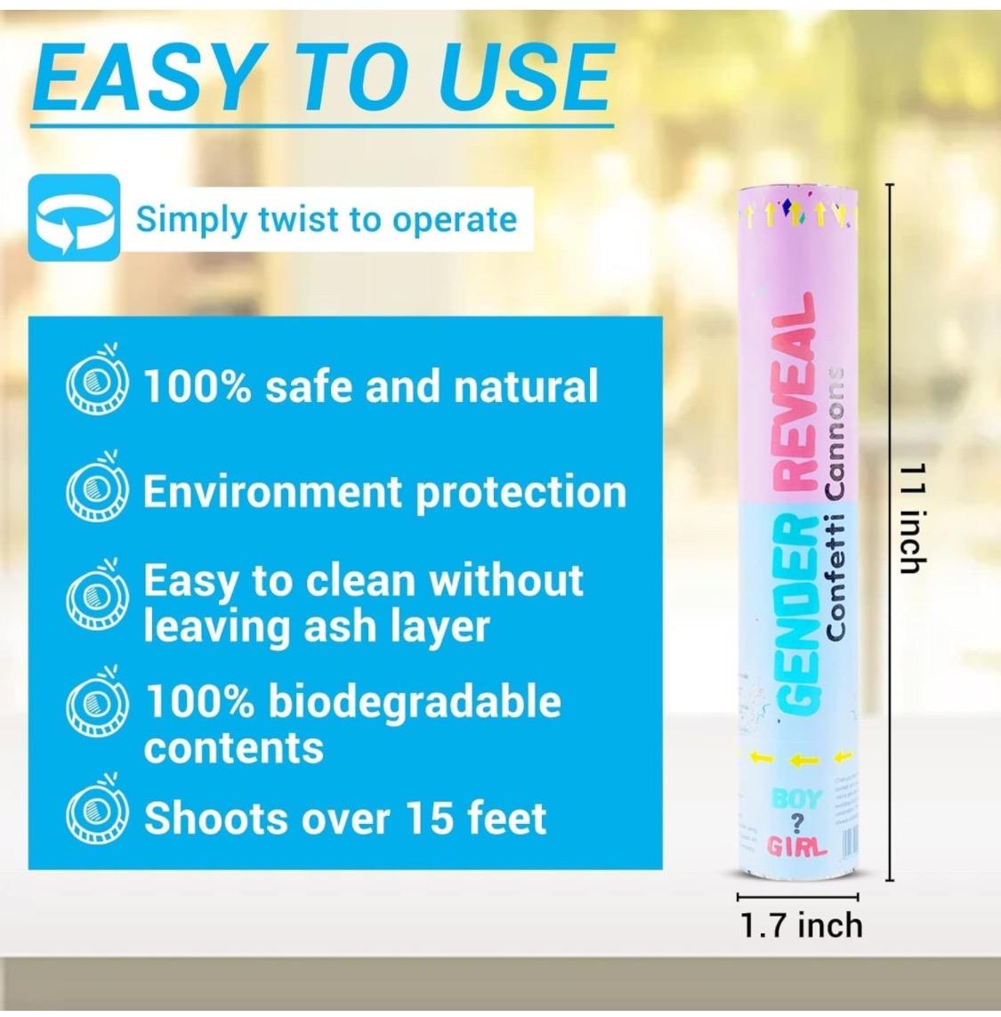 Gender reveal Party celebrations Confetti Powder  ColorfulCannon,12Inch Biodegradable Confetti Poppers 4 Pack Multicolor Party Poppers Confetti Shooters, Air Compressed Party Poppers for Graduation New Years Eve Birthday Wedding Indoor and Outdoor Burst