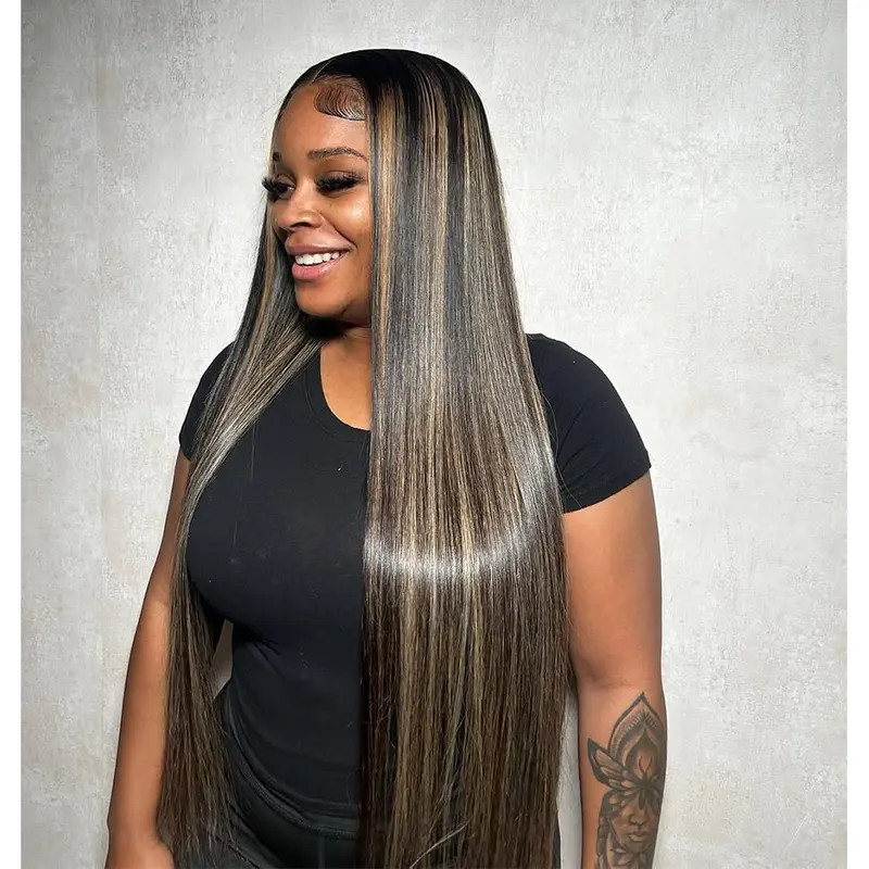 Straight Human Hair Wig P1B/27 Blonde Highlight Lace Front Human Hair 13X4 13X6 Lace Frontal Wig Black and Blonde Highlight 180% Denisity Pre Plucked For Women