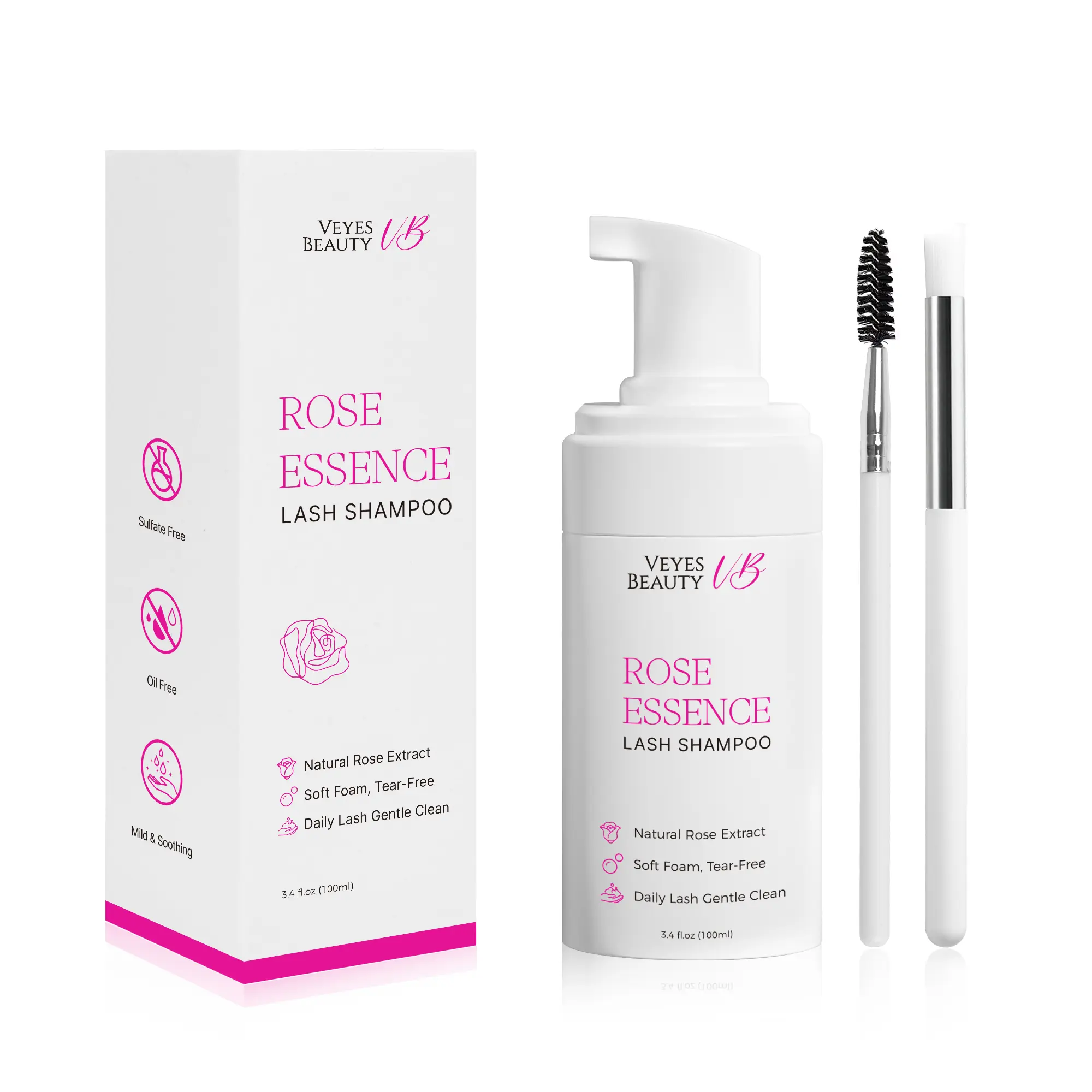 VEYESBEAUTY Rose Essence Lash Shampoo 100ml with 2 Brushes, Sulfate Alcohol Free Gentle Lash Extension Cleanser Foaming, Natural Rose Extract Deep Clean Oil Makeup Residue, Safe for DIY & Salon Eyelash Extensions Lash Care