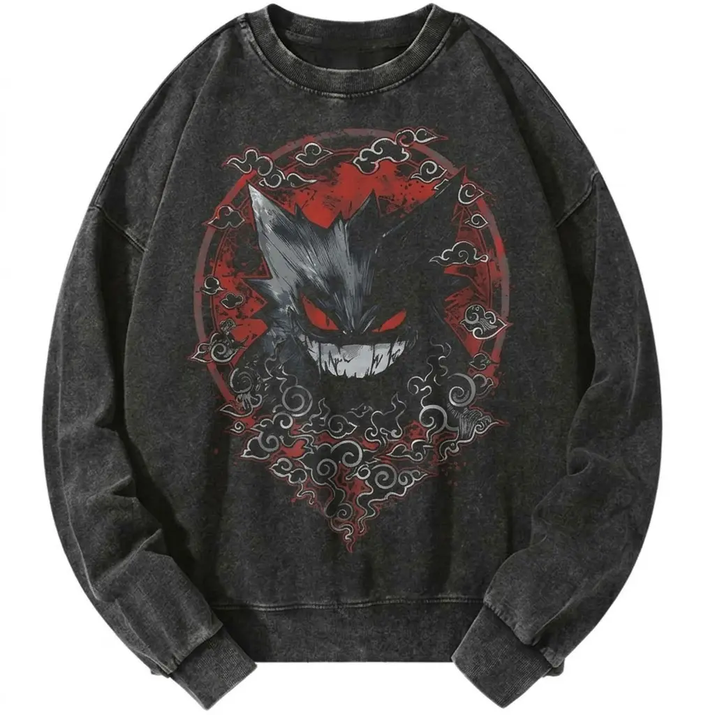 Ghost Monster Quilted Wash Sweatshirt, Pkm Monster Battle Anime Red Moon Shadow Ghost Graphic Design, Gift for Halloween