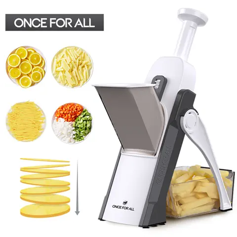 ONCE FOR ALL 5-in-1 Vegetable Cutter Slicer - 420 Steel Blades, 4 Modes, 0.1-8 mm Adjustable Thickness, Collapsible Design, Large Capacity Feed Port, Dicing/Julienne/Peeling, Fast Uniform Slicing Kitchen Appliances Meal Prep Gadget