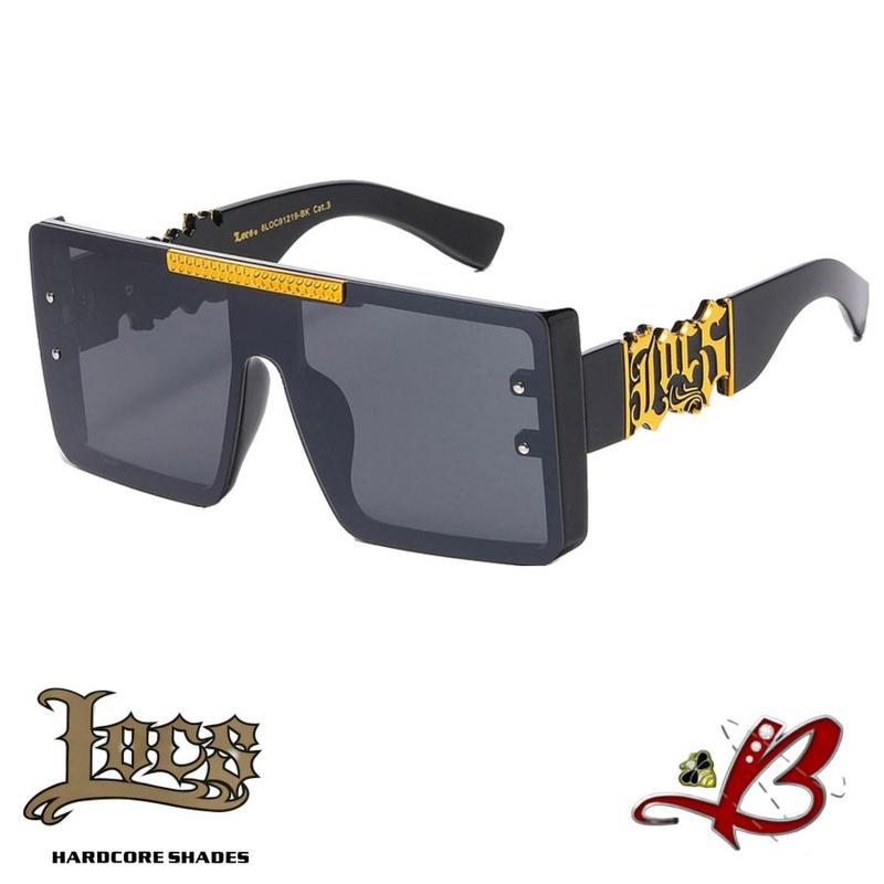 Locs BullDozer Large Oversized Flat-Top Shield Style Big Cutout Logo Chrome Black or Gold Accent Black Glossy Hardcore Shades Hip Hop Rapper Sunglasses OG Gangsta Look | Authentic Original Genuine Locs