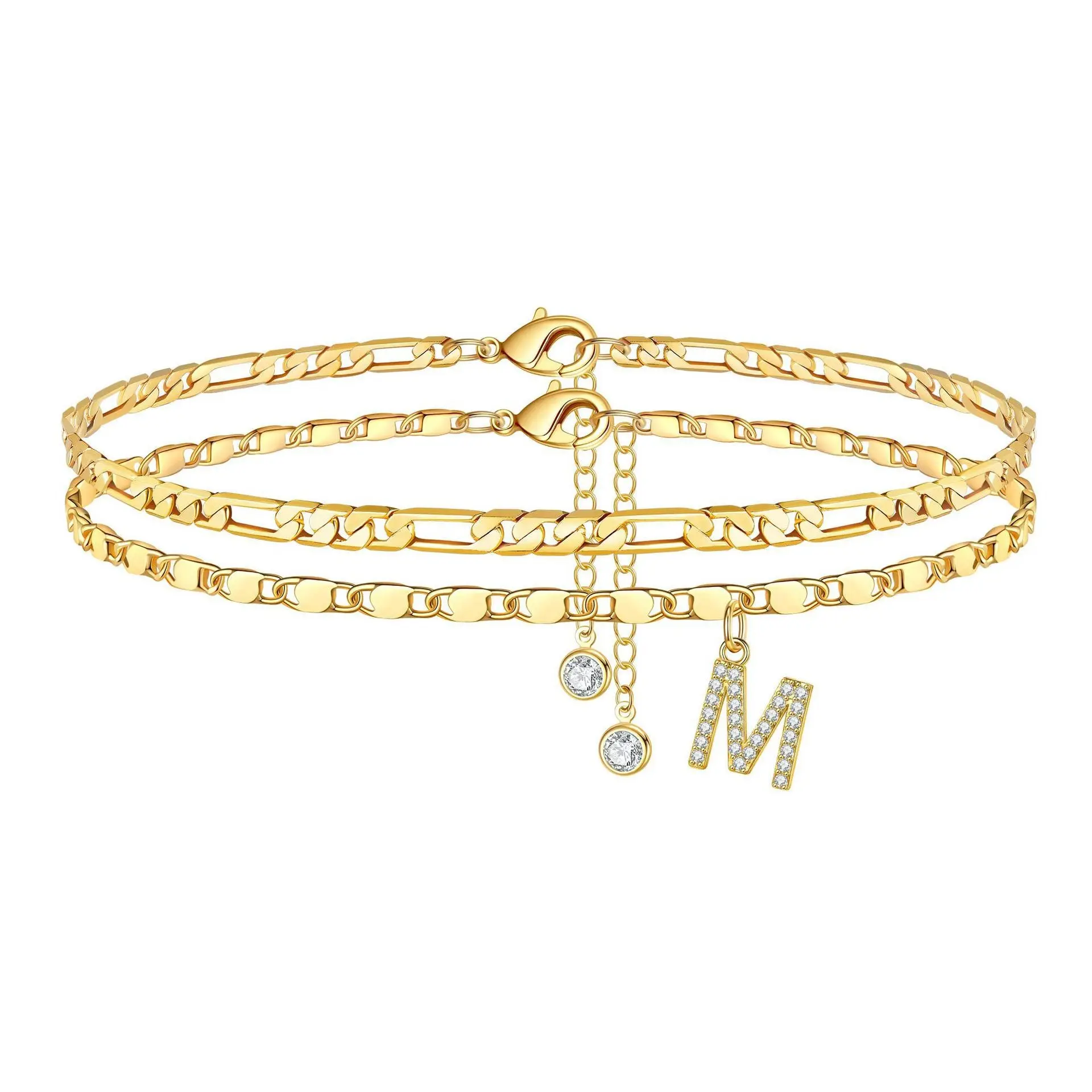 Women's Personalized Name Anklet, 26 Alphabet Letters with CZ Stone Accents, Copper Charm Cuban Link Chain Stainless Steel Foot Bracelet