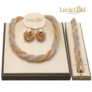 Elegant Gold Plated Tricolor Braided Chain Set Braided Gold Silver Rose Gold 3PCS Necklace Bracelet Earrings Mesh Jewelry Bundle Trendy Versatile Gift for Women Fashion Accessory Wedding Prom Banquet Formal Occasions Luvia Gold Studio