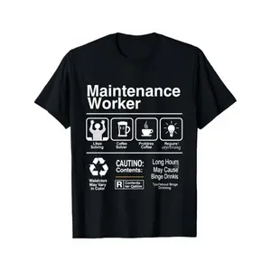 Men's Black Maintenance Worker T-Shirt - Heavy-Duty Tool Print & Title Design with Plumbing// Icons - All-Season Fit Workwear, Casual Crew Neck Short Sleeve Cotton Shirt for Electricians, Handymen, Trades Crewneck Tshirt