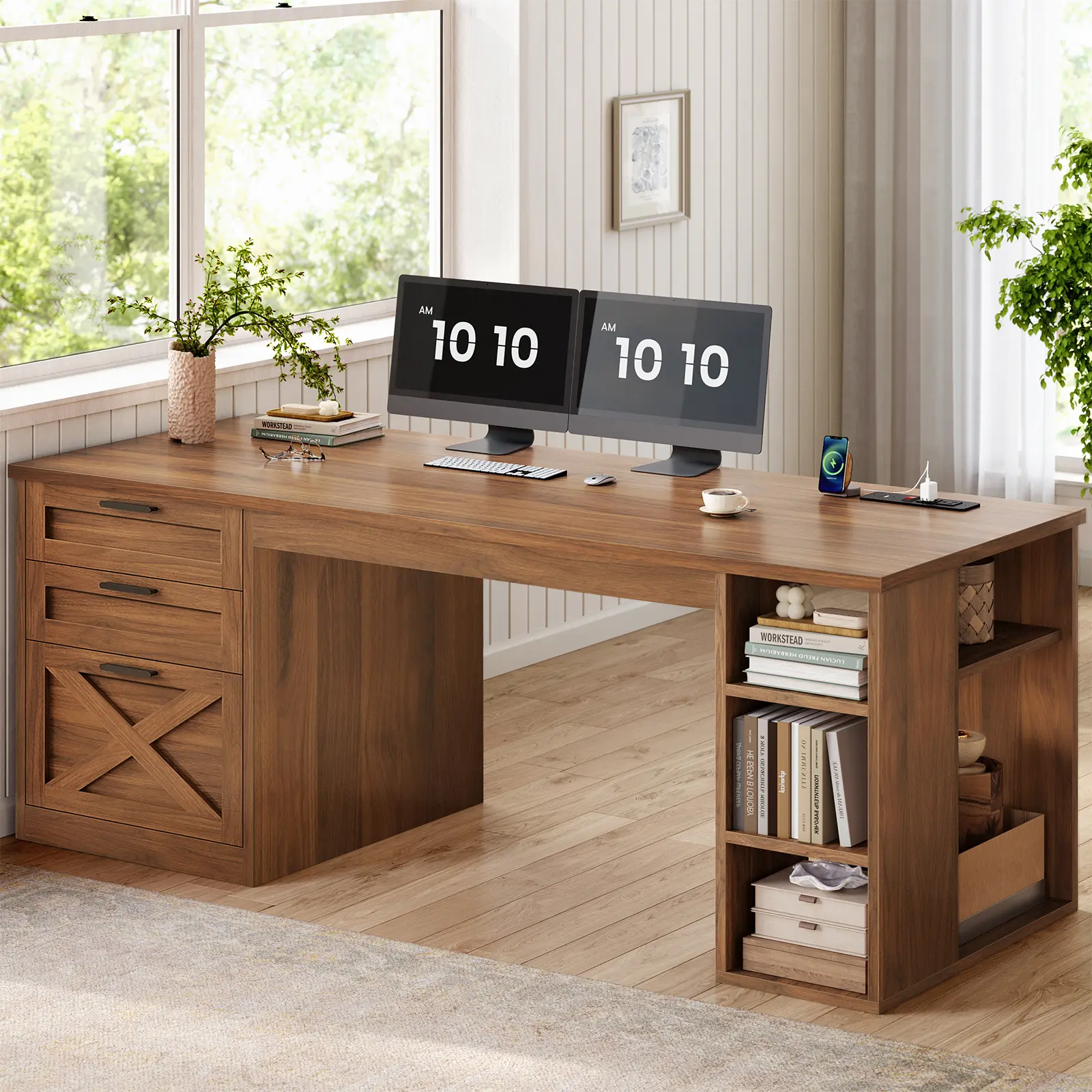 Sedeta 55.1-Inch Modern Farmhouse Laptop Desk - Rectangular Multi-Drawer Computer Workstation with 3 Wooden Drawers, Shelves, Power Outlet, Easy-Setup Home Office Modern Computer Workstation, Modern Computer Workstations