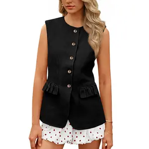 Cicy Bell Womens Blazer Vest Tops Crew Neck Ruffle Flap Pockets Sleeveless Suit Vests Summer Business Casual Outfits