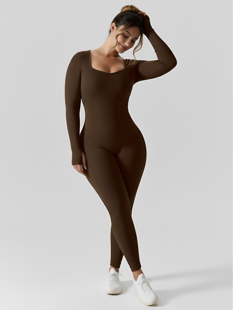 Women's High-Waisted Yoga Bodysuit Quick-Dry Long Sleeve Workout Top with Removable Pads High-Elasticity Slim Fit for Running Gym & Training Solid Black All-Season Fitness Apparel Tummy Control Jumpsuit Stylish Activewear