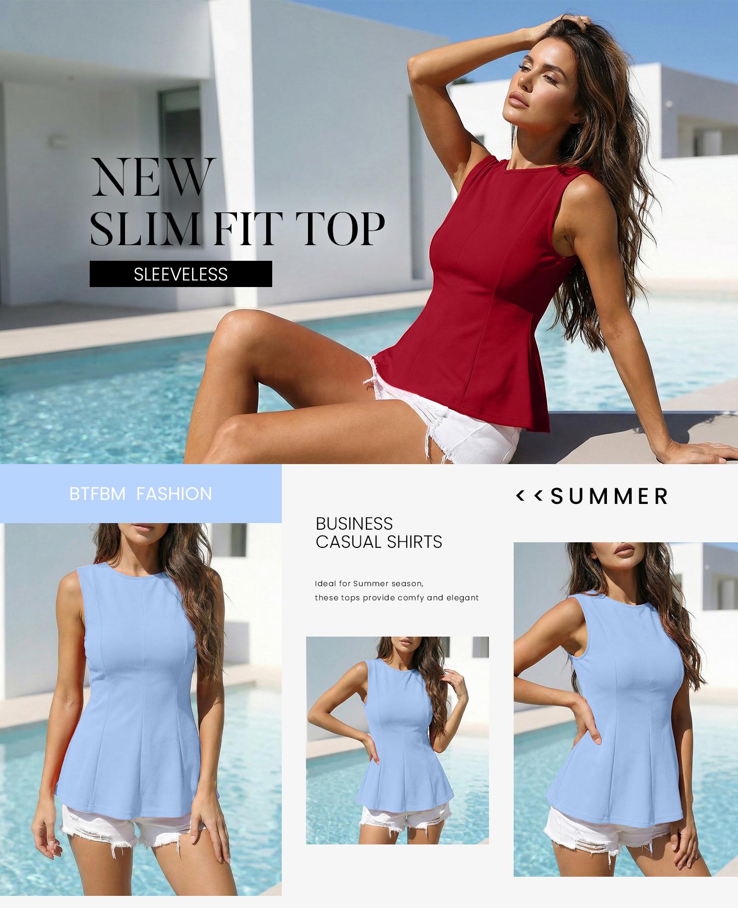 Womens Crew Neck Sleeveless Shirts Slim Fit Peplum Tank Top