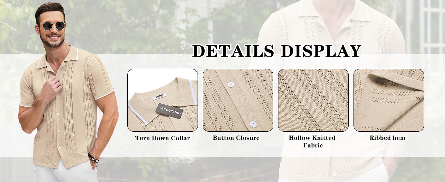 COOFANDY Men's Knit Button Down Shirt Vintage Short Sleeve Polo Shirts Casual Beach Tops Menswear