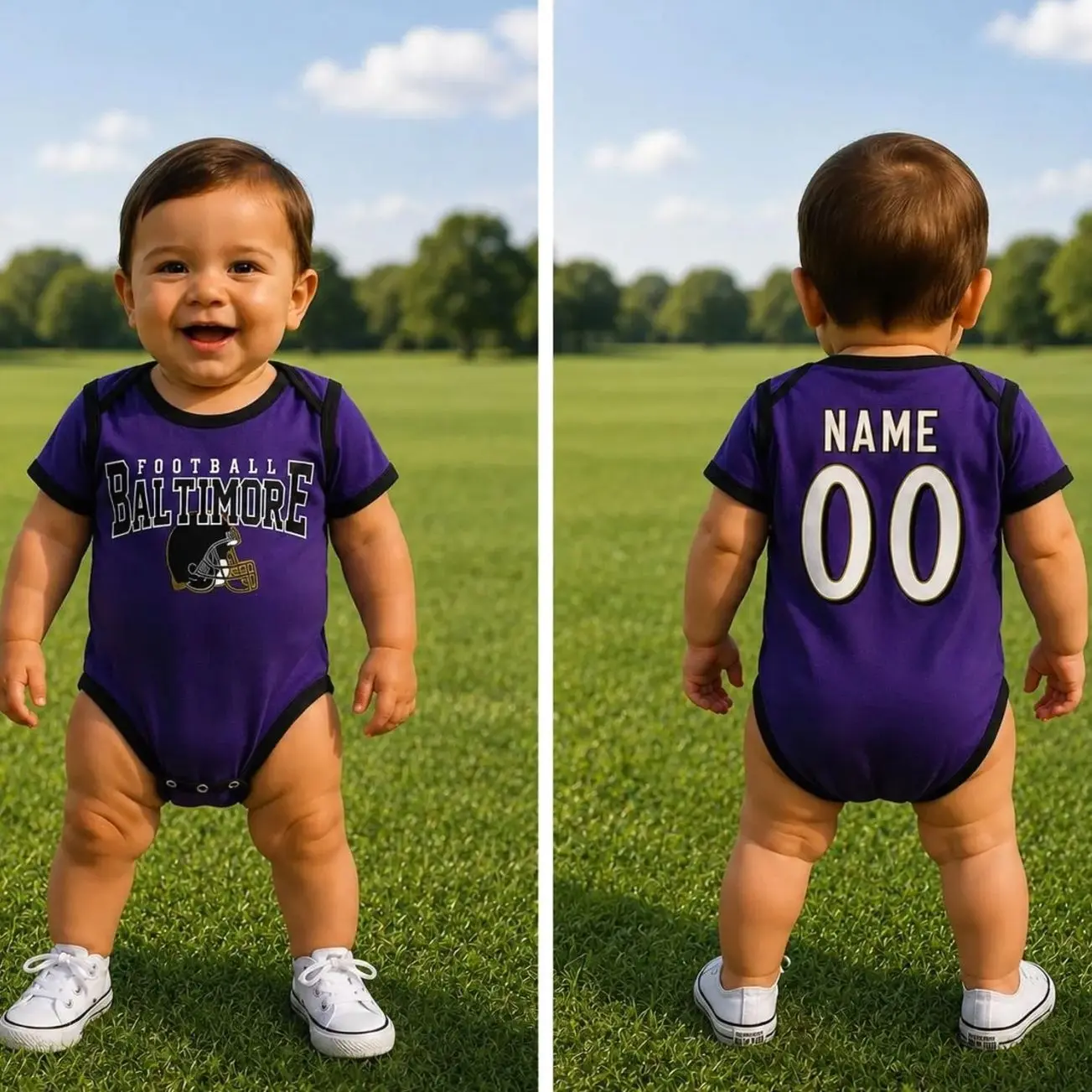 Personalized Baltimore Football Baby Bodysuit, Custom Name Number Infant Onesie, Purple Black Game Day Outfit, Baby Shower Gift LG6