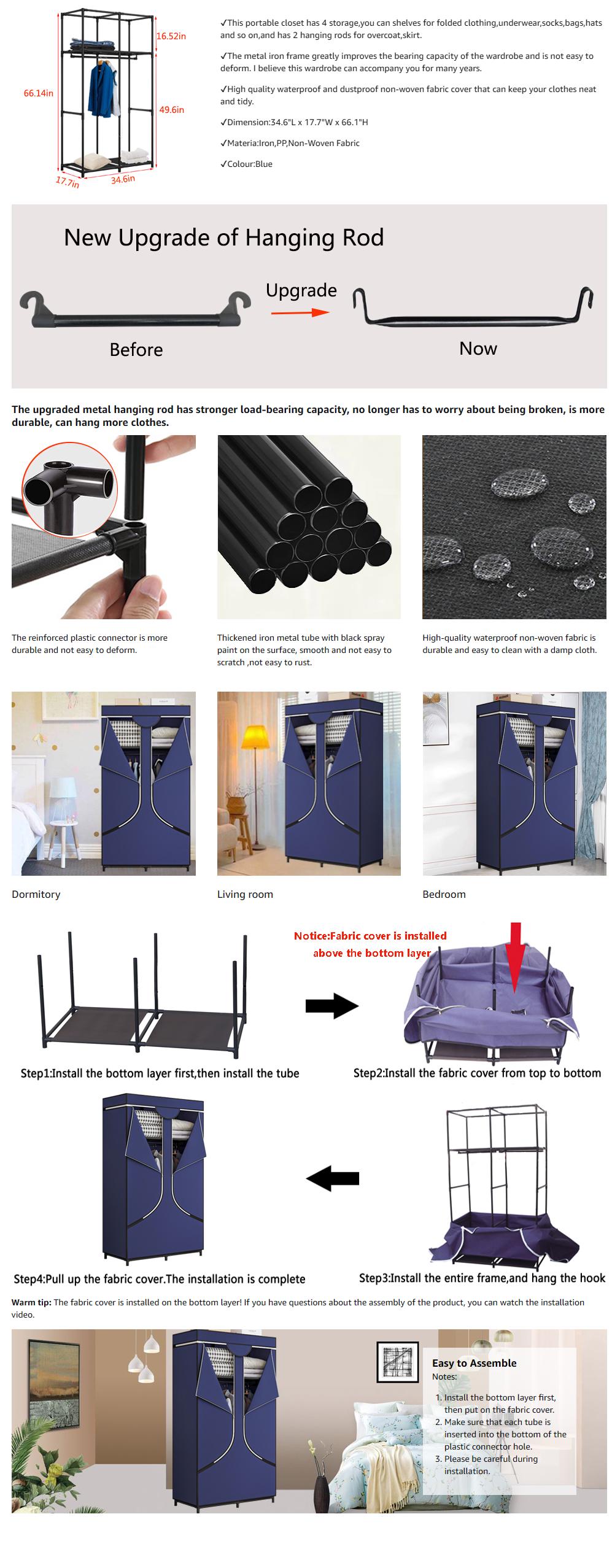 Portable Wardrobe Closet Clothes Rack Organizer for Hanging Clothing Freestanding Adjustable Storage for Bedroom Sturdy Large Capacity Non Woven Fabric