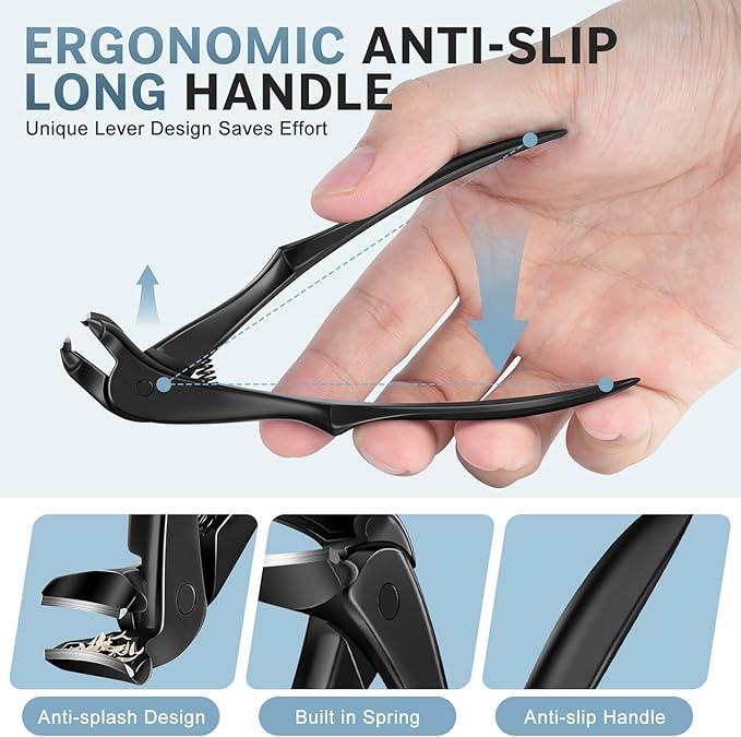 Professional black long-handled scimitar head toenail scissors, unisex more suitable for the elderly, large opening anti-splash design, with nail file set, durable metal foot manicure, suitable for thick and hard nails.