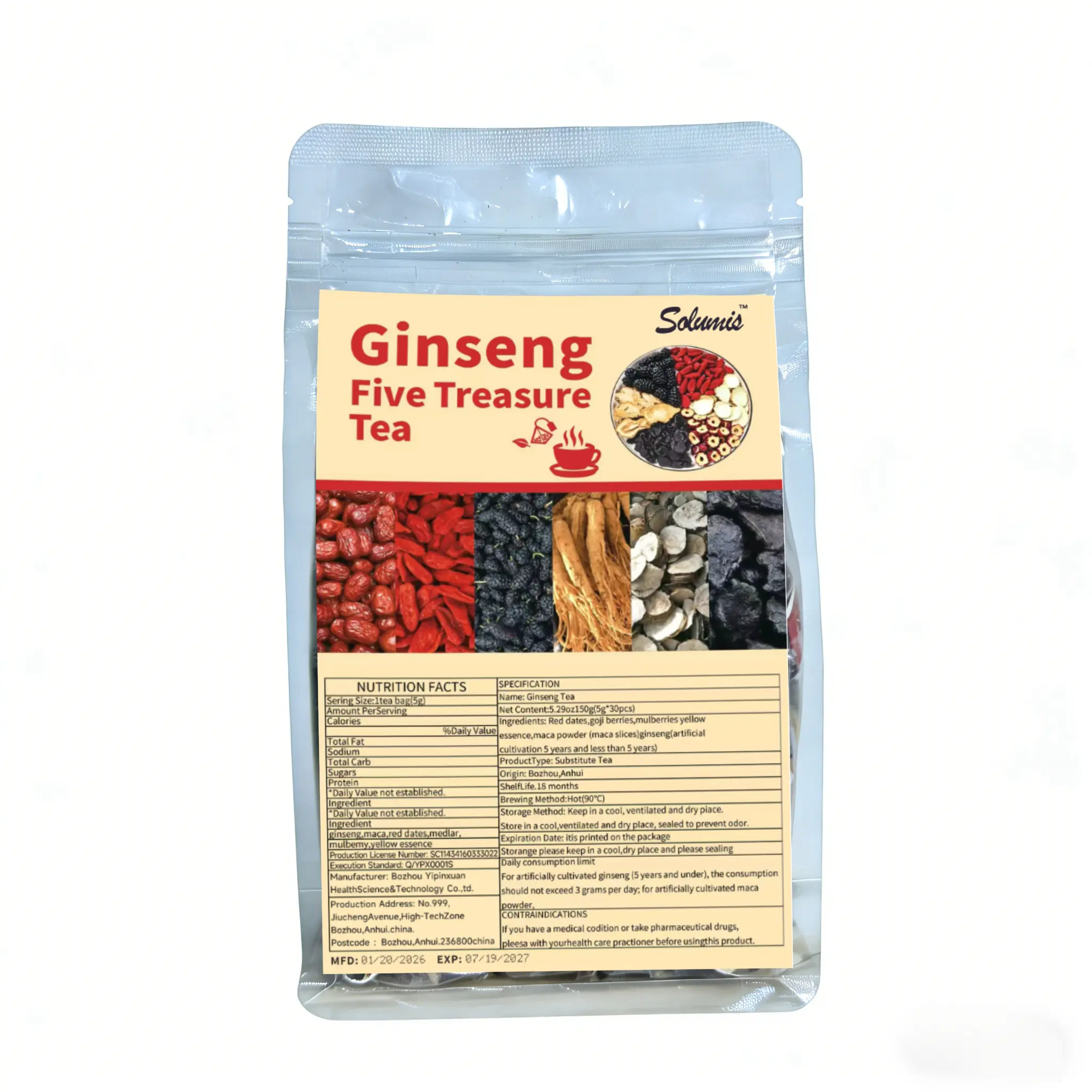 Ginseng Five Treasure Tea Formula for Men & Women Natural Herbal Ingredients Traditional Beverage Organic Detox Cleanse Christmas Thanksgiving Value Pack