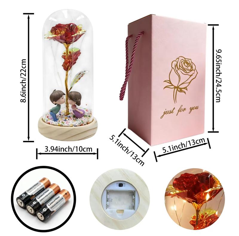 Artificial Roses withLED Lights in Clear Glass Storage Box Single Stem Home Party Decorations for Valentine's Day Christmas Festival