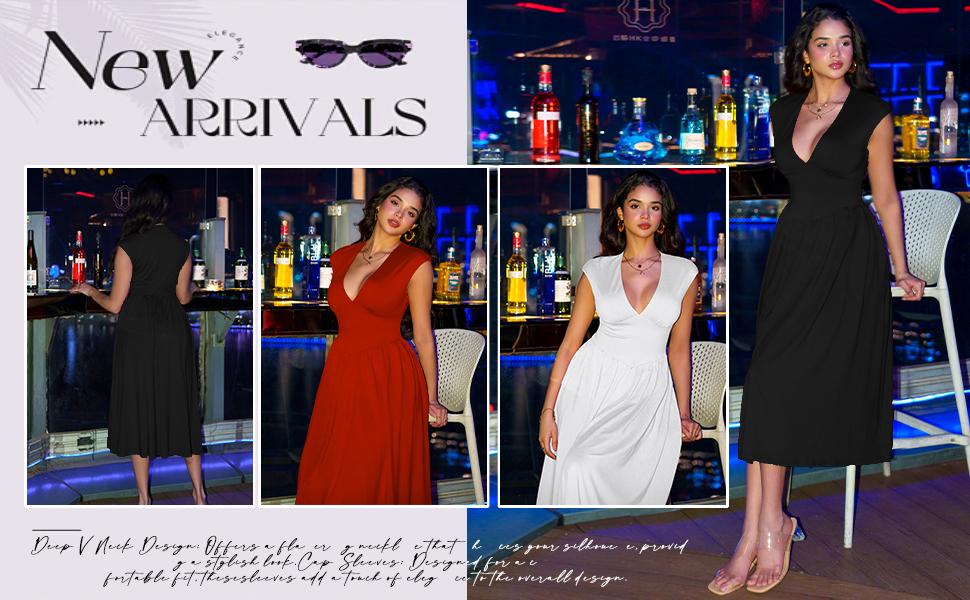 OYS Women's Summer Casual Deep V Neck Cap Sleeve Pleated Swing A Line Midi Dress With Pockets Black Chic