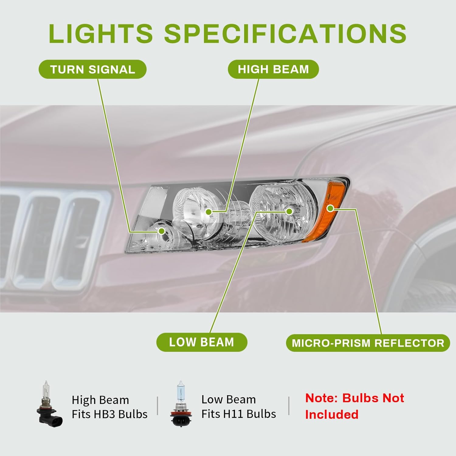 YITAMOTOR Headlight Assembly Compatible with 2011-2013 Grand Cherokee Replacement Headlamp Chrome Housing Amber Reflector Clear Lens